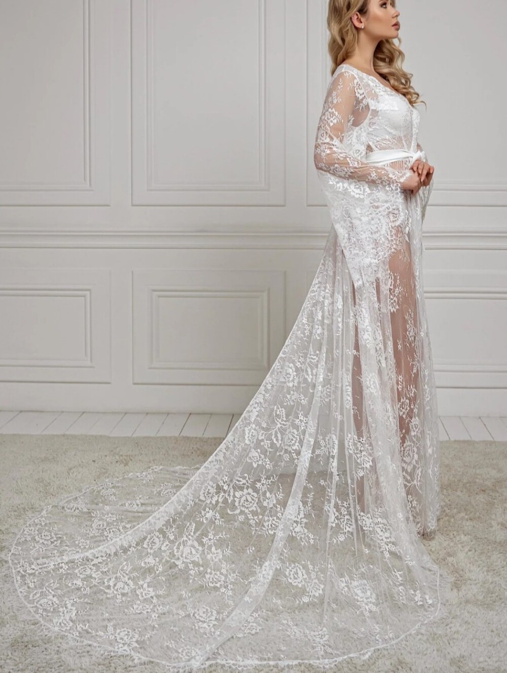 BellaDonna Bridal Collection Long Lace Robe W/ Train